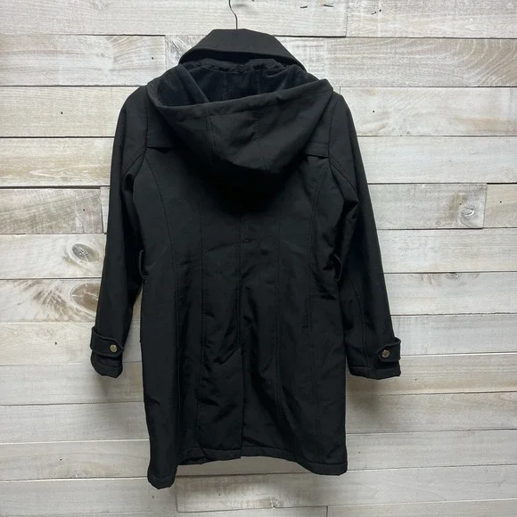 Michael Kors Trench Coat Womens Small Black Hooded Full Zip MK Logo Lined - Picture 9 of 15